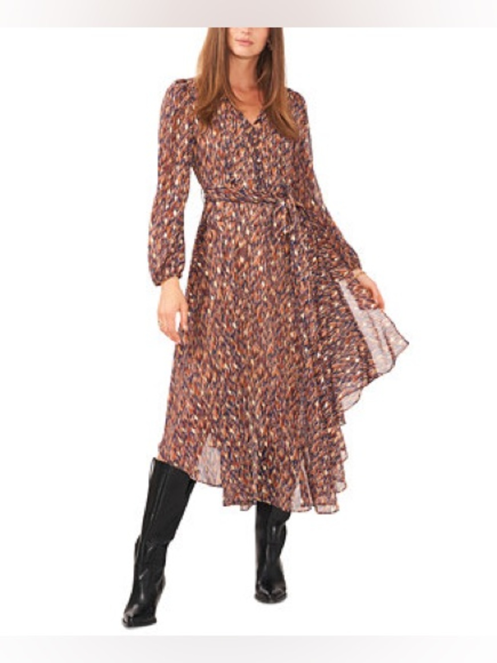 Vince Camuto Metallic Printed Maxi Dress  Elegant Flowy Belted Dress - Picture 2 of 4